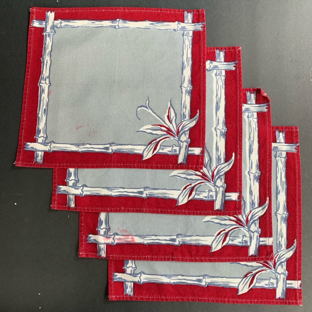 4 Vintage Cotton Bamboo Border Cocktail Napkin Set